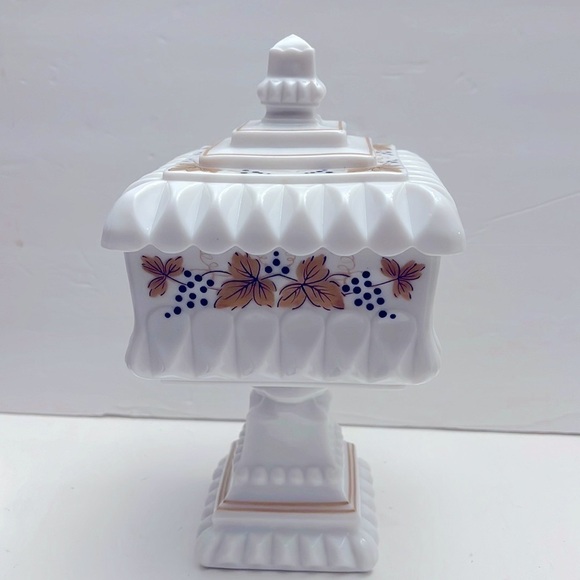 Vintage Milk Glass Large Covered Compote Handpainted Grape Leaves - Picture 12 of 12